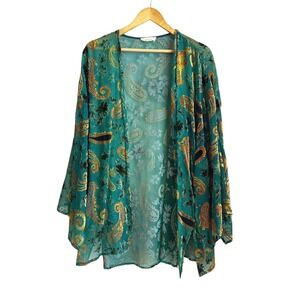 Green Velvet Burnout Paisley Kimono Bell Sleeve Large Duster Boho Bell Sleeve